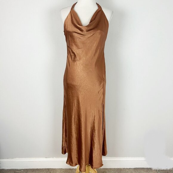 Saints + Secrets Brown Satin Cowl Neck Midi Dress Size Medium Women's - Picture 1 of 5